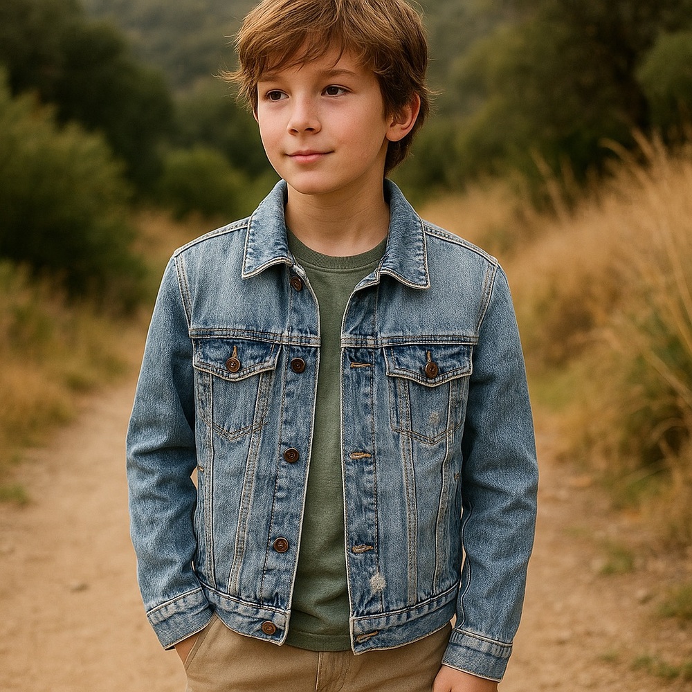 MNG Kids Denim Jacket Size 13–14 Light Wash Distressed Classic Trucker Style